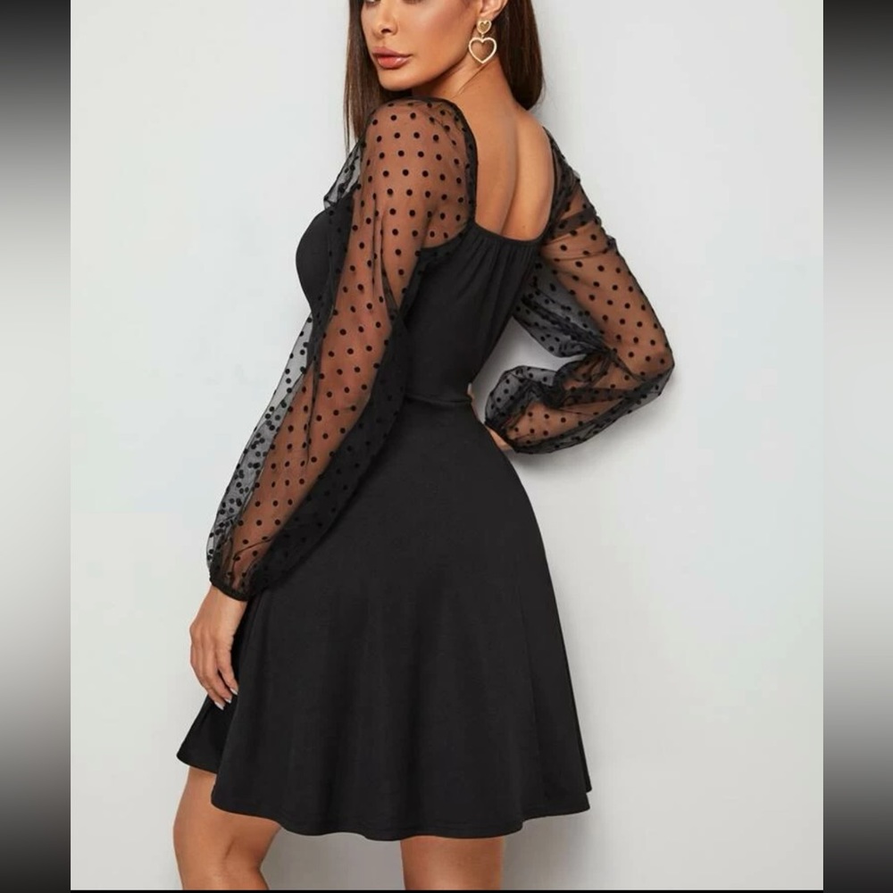 Square neck long sleeve polka dot mesh sheer sleeves black mini dress - Picture 2 of 4